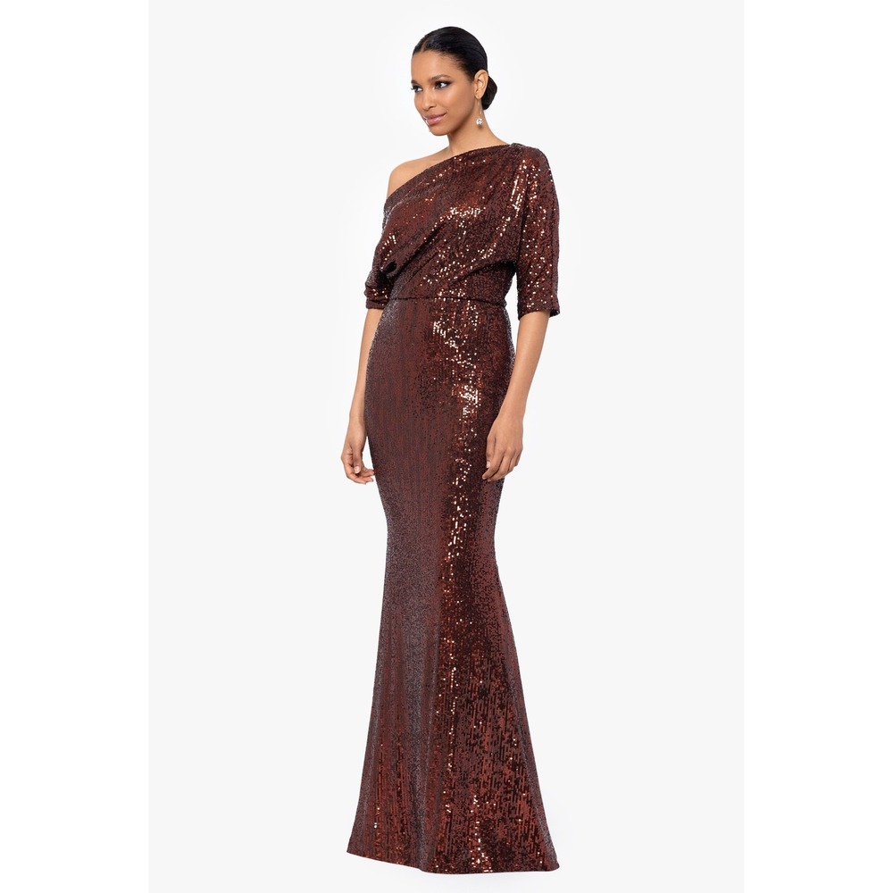 Betsy & Adam Georgia Brown Sequin Off the Shoulder Gown A25492 Size 10 Wedding